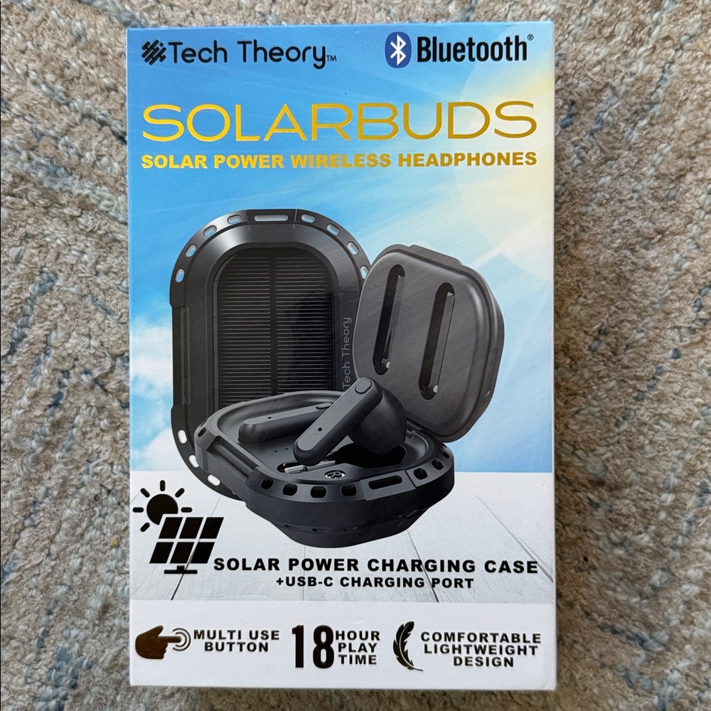 NIB! Theory SolarBuds Wireless Headphones in Black with charging case